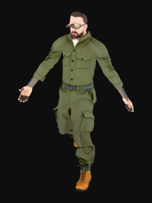 3D model for Male soldier. Athletic build. Short military-style hair. Clean face. No gear, no accessories, no watch, no belt, no patches, no armor. Plain green short-sleeve shirt with no patterns. Standard military cargo pants in woodland tones. Brown combat boots. Neutral expression. Standing in strict T-pose. Full-body 3D model. Neutral lighting. No weapons, no props, no background elements.