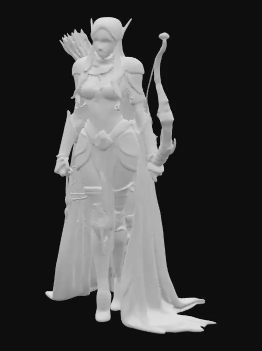 3D model for Красивая эльфийка в боевой стойке держит в руке лук с стрелой, одета в стиле ар-нуво, броня, плащ, сказка, волшебно, высокая детализация, высокое разрешение