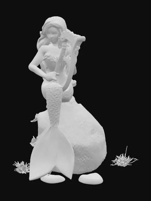 3D model for Русалка играет на арфе, сидит на валуне, сказка, магия, светлые волосы, высокая детализация 