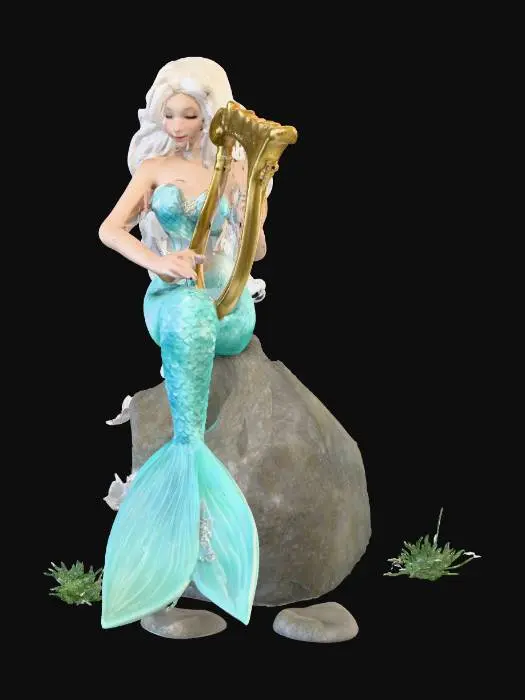 3D model for Русалка играет на арфе, сидит на валуне, сказка, магия, светлые волосы, высокая детализация 