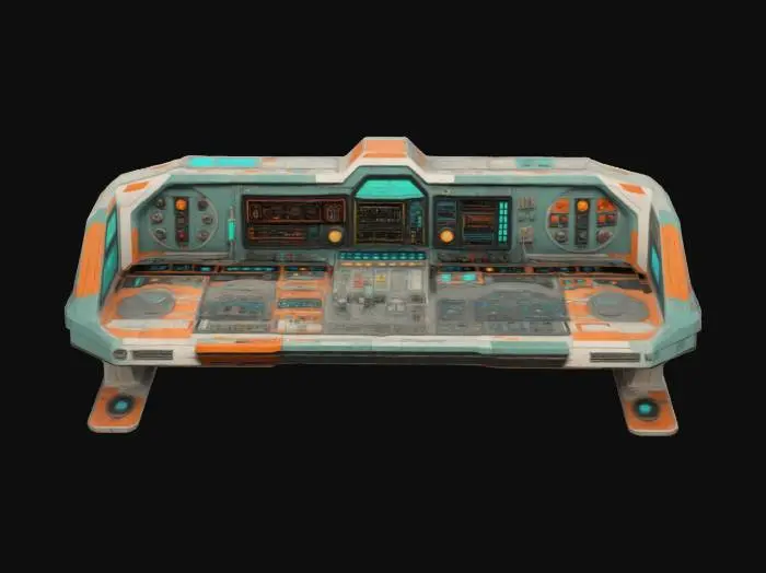 3D model for a control panel of a spaceship, 80s athetic, retrofuturism style, quadratic build, high dtail, geometric build up