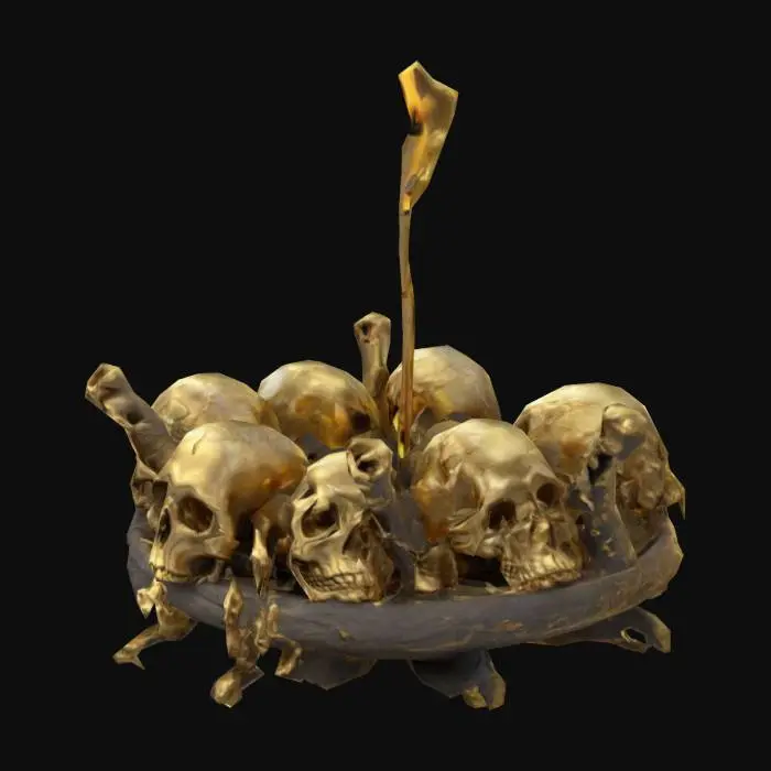 3D model for an Incense burner made of with skulls and gold, the gold looks a little bleeding and dripping, pbr style, bone and gold, photoreal, clean textures, high detail, realistic anatomy, game asset