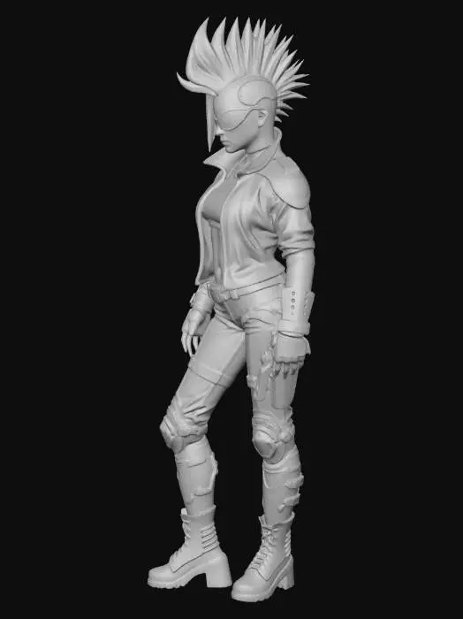 3D model for cyberpunk biker gang member, athletic female, bright magenta mohawk, facial cyber implants, reinforced leather jacket with glowing gang insignia, armored street pants, heavy chrome boots, mechanical spine augmentation visible through clothing, rebellious cyberpunk street aesthetic, full body character model, neutral pose