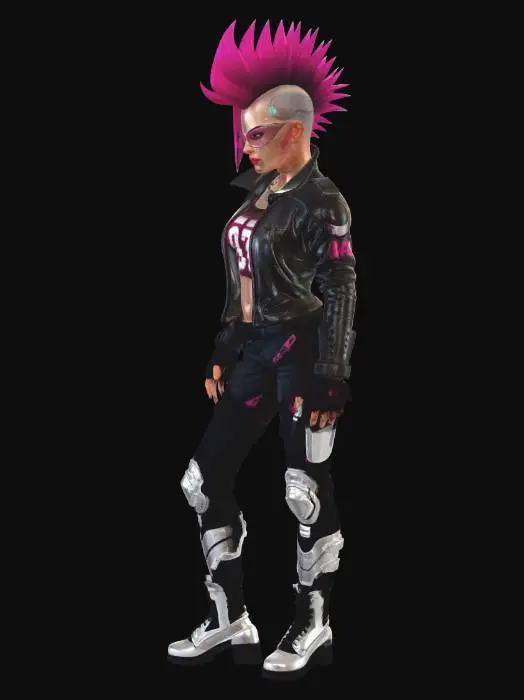 3D model for cyberpunk biker gang member, athletic female, bright magenta mohawk, facial cyber implants, reinforced leather jacket with glowing gang insignia, armored street pants, heavy chrome boots, mechanical spine augmentation visible through clothing, rebellious cyberpunk street aesthetic, full body character model, neutral pose