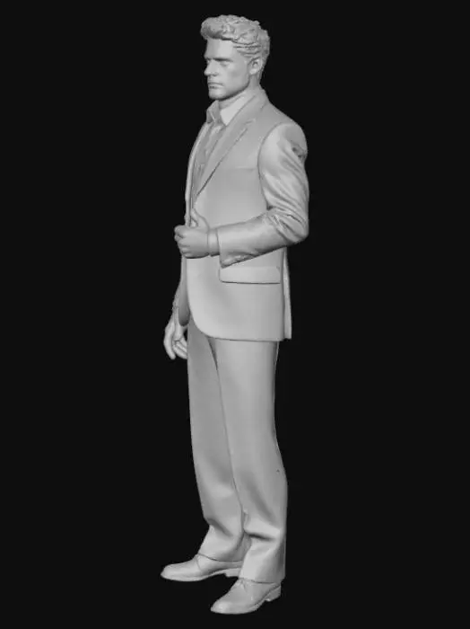 3D model for A modern male teacher character stands in a full-body frontal A-pose, presenting a composed and professional appearance. He is dressed in a sharply tailored navy blue suit jacket, detailed with delicate gold stitching, over a crisp white shirt. Simple black long trousers complete his lower body, leading to professional, exquisite black leather shoes. His hands are elegantly covered by thin black gloves, concealing his fingers entirely. The only exposed skin is his face, which conveys a refined and serious expression.