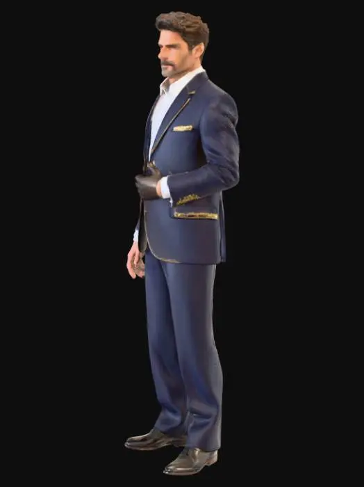 3D model for A modern male teacher character stands in a full-body frontal A-pose, presenting a composed and professional appearance. He is dressed in a sharply tailored navy blue suit jacket, detailed with delicate gold stitching, over a crisp white shirt. Simple black long trousers complete his lower body, leading to professional, exquisite black leather shoes. His hands are elegantly covered by thin black gloves, concealing his fingers entirely. The only exposed skin is his face, which conveys a refined and serious expression.