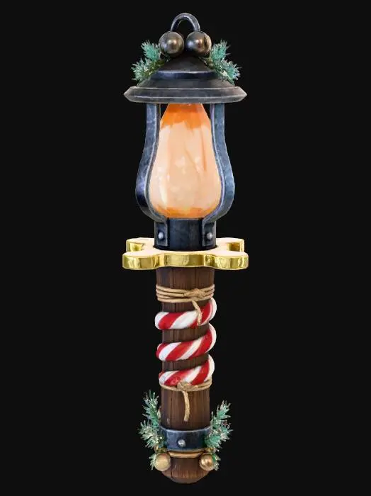 3D model for A festive torch forged in wintry imagination—its thick, hand-carved wooden body wrapped in bold red-and-white candycane striping. The grip feels sturdy and ceremonial, leading to a classic flame-shaped lantern crown that glows like enchanted holiday fire. Heavy, ornate, and full of North Pole charm, this torch blends rustic craftsmanship with magical winter warmth., #Christmas2025#
