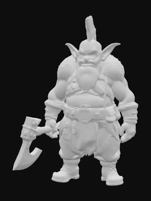 3D model for A stocky Goblin-Dwarf hybrid humanoid stands with a hunched, aggressive posture, embodying the rugged aesthetic of Warcraft 3 Reforged. Its skin is a leathery, mottled greenish-brown, contrasting with a coarse, braided dark beard and prominent, pointed goblin ears. Dressed as a headhunter, it wears worn leather straps and fur pelts, adorned with crude bone and metal trinkets. The rough textures of its attire, including a feathered headdress, suggest a tough, earthy feel. It wields a heavy, primitive axe with a sharpened stone blade, reflecting a powerful, brutal design.
