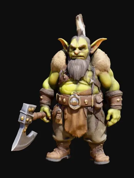 3D model for A stocky Goblin-Dwarf hybrid humanoid stands with a hunched, aggressive posture, embodying the rugged aesthetic of Warcraft 3 Reforged. Its skin is a leathery, mottled greenish-brown, contrasting with a coarse, braided dark beard and prominent, pointed goblin ears. Dressed as a headhunter, it wears worn leather straps and fur pelts, adorned with crude bone and metal trinkets. The rough textures of its attire, including a feathered headdress, suggest a tough, earthy feel. It wields a heavy, primitive axe with a sharpened stone blade, reflecting a powerful, brutal design.