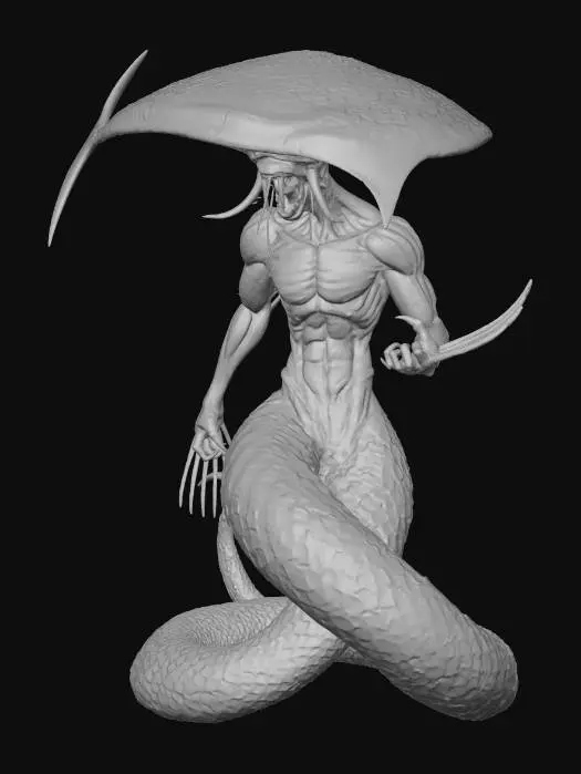 3D model for a blade headed mushroom man, vampire fangs, wolverine claws on each hand, lower body is snake formed, no feet.