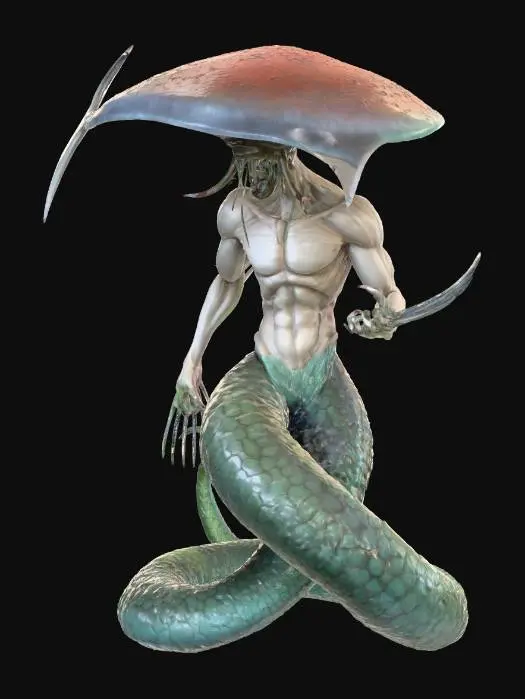 3D model for a blade headed mushroom man, vampire fangs, wolverine claws on each hand, lower body is snake formed, no feet.