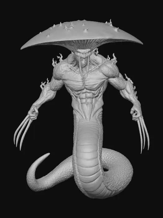 3D model for a blade headed mushroom man, vampire fangs, wolverine claws on each hand, lower body is snake formed, no feet.