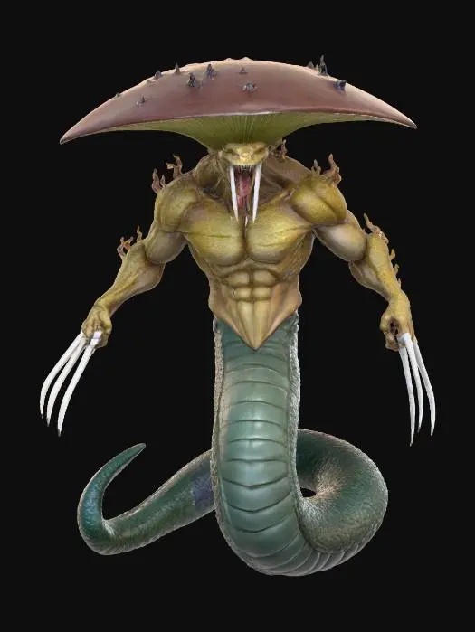 3D model for a blade headed mushroom man, vampire fangs, wolverine claws on each hand, lower body is snake formed, no feet.
