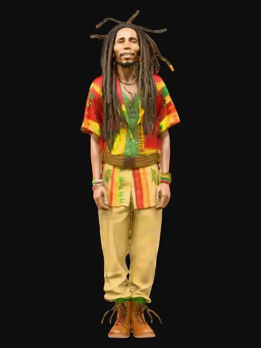 3D model for 3D-модель Боба Марли представляет собой мужскую фигуру со стройным телосложением и характерными длинными, густыми дредами, которые спадают до плеч. На нем детализированный национальный ямайский наряд из легкой ткани с яркими этническими узорами и цветами. Его лицо имеет спокойное, расслабленное выражение, а глаза слегка покрасневшие. В руке он держит сигарету с видимой текстурой бумаги и табака.