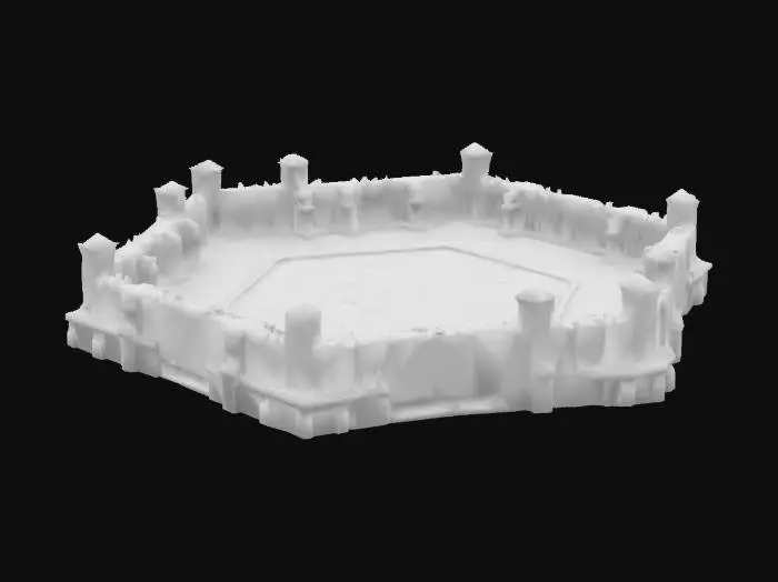 3D model for Create a castle, made of cobblestone and wood details, but with neon details too, this castle has an hexagonal arena in the middle, that containts 80 hexagons, the ground is greysh, but metallic, and there are neonlights detailed in the borders, this castle was mad to be an arena