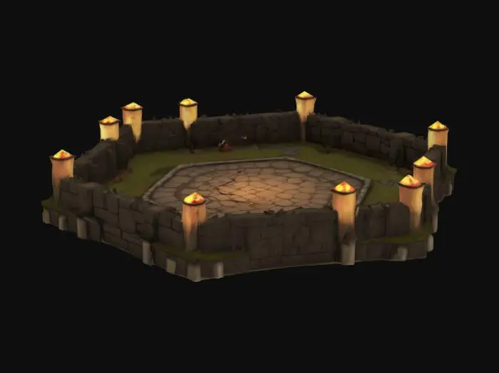 3D model for Create a castle, made of cobblestone and wood details, but with neon details too, this castle has an hexagonal arena in the middle, that containts 80 hexagons, the ground is greysh, but metallic, and there are neonlights detailed in the borders, this castle was mad to be an arena