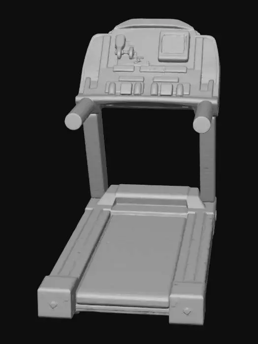 3D model for This pixel-art treadmill uses retro game pixel blocks as its core design language. Main body is a square base stacked with dark gray pixel blocks, edges outlined by light gray pixel lines to form a stable "pixel pedestal". The middle running belt has a dark gray base and light gray horizontal pixel stripes, suggesting "running" dynamism. Light gray cuboid pixel handrails extend from both sides, sleek and simple. A bright blue pixel panel at the front, dotted with small red, green and yellow pixel blocks, simulates control buttons and display—bold and intuitive. Several small dark black pixel blocks hide at the bottom as supporting rollers. They retain pixel retro granularity while clearly signaling its "treadmill" function, blending naturally with pixel-style training room scenes.