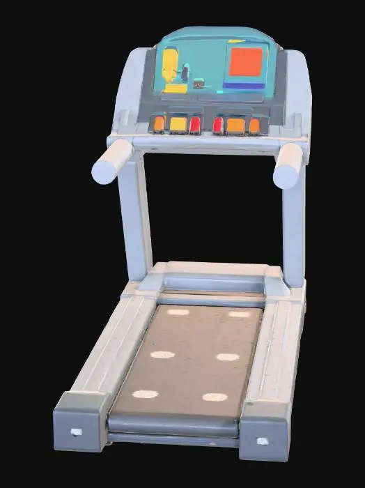 3D model for This pixel-art treadmill uses retro game pixel blocks as its core design language. Main body is a square base stacked with dark gray pixel blocks, edges outlined by light gray pixel lines to form a stable "pixel pedestal". The middle running belt has a dark gray base and light gray horizontal pixel stripes, suggesting "running" dynamism. Light gray cuboid pixel handrails extend from both sides, sleek and simple. A bright blue pixel panel at the front, dotted with small red, green and yellow pixel blocks, simulates control buttons and display—bold and intuitive. Several small dark black pixel blocks hide at the bottom as supporting rollers. They retain pixel retro granularity while clearly signaling its "treadmill" function, blending naturally with pixel-style training room scenes.