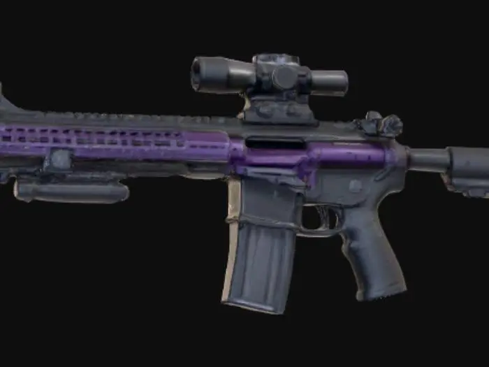 3D model for Un gran fusil de asalto alargado con mirilla. Aspecto futurista y de colores negro, gris oscuro y morado oscuro