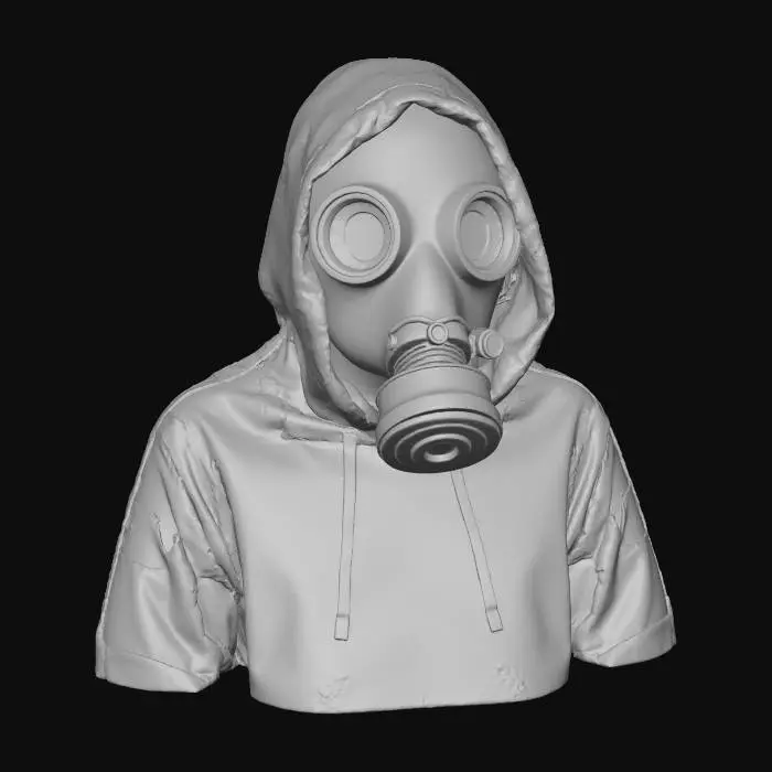 3D model for Antique dark-colored gas mask, inside a worn yellowish hood, with obvious signs of wear.