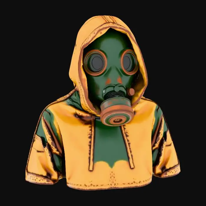 3D model for Antique dark-colored gas mask, inside a worn yellowish hood, with obvious signs of wear.
