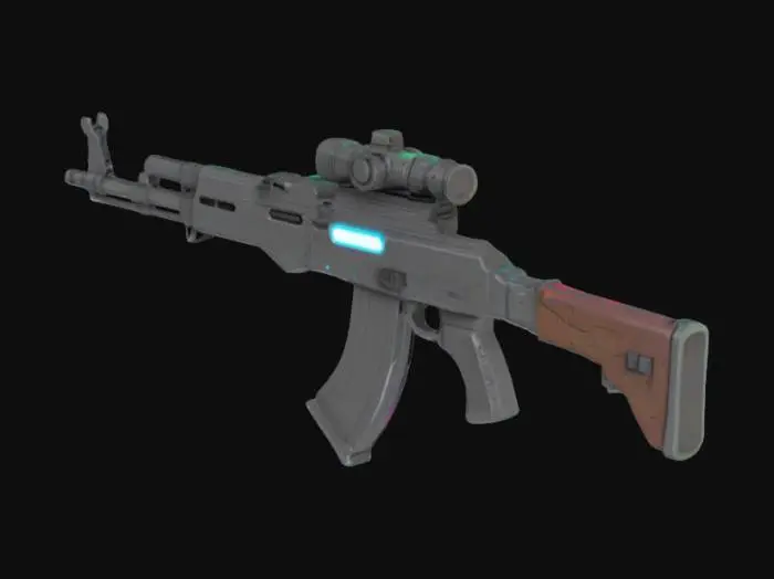 3D model for "A detailed, game-ready cyberpunk AK-47 assault rifle with realistic hard-surface modeling. The weapon features glowing RGB accents, exposed tech components, engraved neon patterns, and futuristic metallic materials (steel, carbon fiber). Design includes a holographic scope, digital ammo counter, and stylized graffiti text on the body. Balanced proportions, full stock, rails, and magazines. Realistic, high-poly model with optimized topology and clean UVs, suitable for Unreal Engine 5. Avoid cartoon or clay style — make it photorealistic and functional.