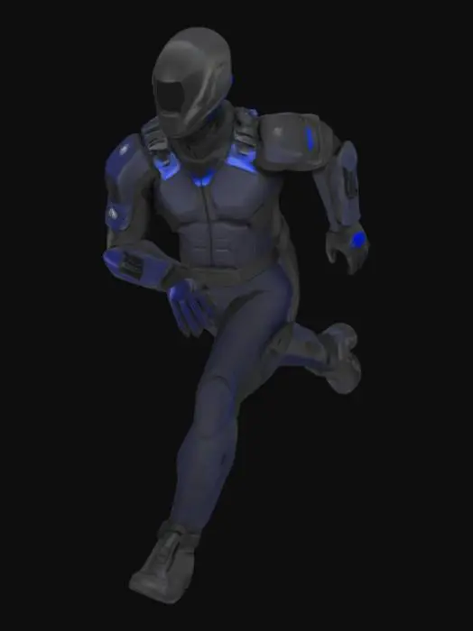 3D model for Um herói de silhueta atlética veste um traje composto de neoprene e Kevlar preto, com painéis hexagonais sutis que conferem um brilho discreto. A textura é suave, mas com uma rigidez implícita nas áreas de proteção. Detalhes em azul-cobalto escuro delineiam as articulações. Luvas e botas são mais robustas, e um capacete integral de fibra de carbono com uma viseira minimalista reflete a luz, conferindo uma presença mais tecnológica e preparada para o combate.