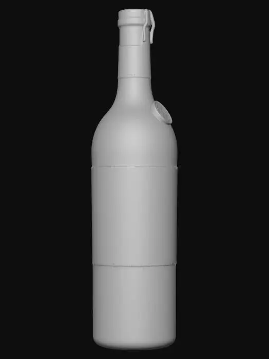 3D model for A hyper-detailed, photorealistic 3D model of a luxury Bordeaux-style wine bottle. Deep dark green glass with realistic reflections. The bottle has a clean cream-colored parchment label with gold foil accents. A premium red wax seal on the cork. 8k resolution, studio lighting, high-quality textures