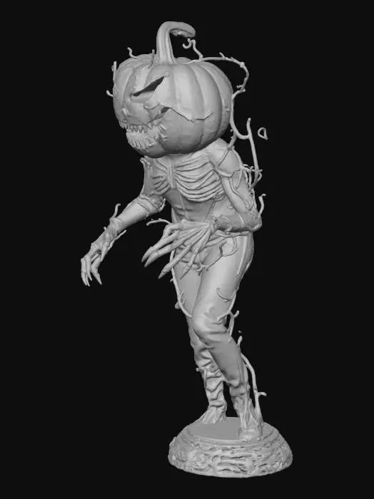 3D model for Create an ultra-detailed 3D model of a terrifying, sentient Halloween pumpkin monster. A cracked jack-o’-lantern head glows with ember light, jagged grin flickering from within. Its zombie-like body is made of twisted vines, rotting orange flesh, and dripping black sap. Glowing cracks pulse through its chest as mist swirls around. Posed hunched forward, reaching out with clawed vine hands, under eerie moonlight and fog. Low-angle horror view, cinematic lighting, ultra-realistic textures, wet gloss, matte decay, and glowing amber veins. A haunting, mystical being born from cursed Halloween soil.