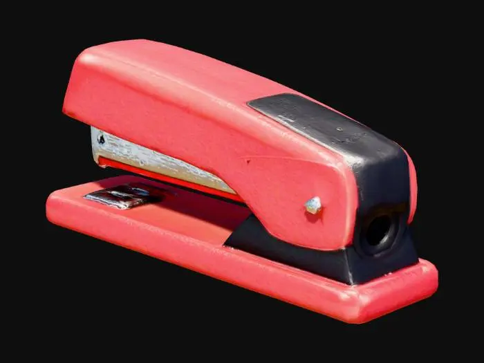 3D model for A classic, iconic Swingline stapler, distinguished by its vibrant, matte red finish that coats a durable metal body. It features an elongated, rectangular base with a smoothly curved, hinged top arm, and a black, tactile plastic component at its rear. The surface is predominantly smooth with a slight sheen on the painted metal, offering a solid, satisfyingly weighty feel in hand, indicative of its robust construction.
