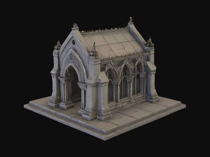 3D model for isometric mausoleum building , mobile game, game art, gothic architecture, 2x2 tile