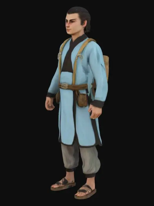 3D model for Envision a young male herbalist or medicine - gatherer, aged between 18 and 25. His hair is simply tied back in a neat ponytail, exuding a blend of youthfulness and traditional charm. He dons a flowing, light - blue robe, its edges artfully trimmed in black, billowing gently as he moves. A capacious, hand - woven straw backpack, laden with an assortment of vibrant herbs, rests securely on his back. Every aspect of his attire and demeanor radiates an aura of ancient erudition and an intimate bond with nature.