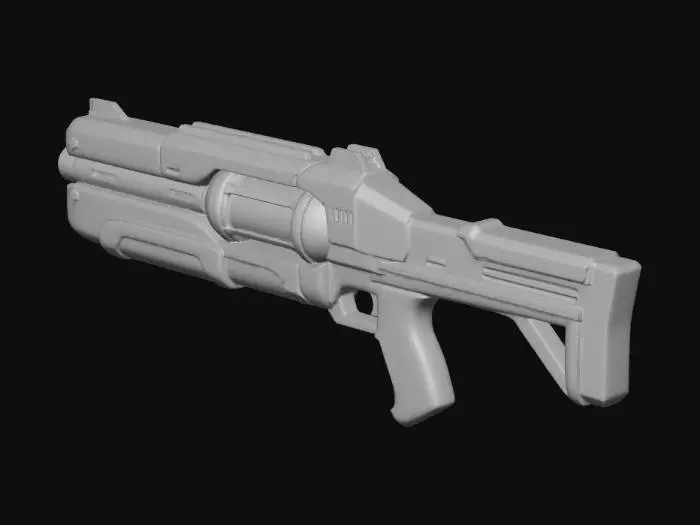 3D model for futuristic sci-fi plasma rifle, clean hard surface design, compact weapon, glowing energy core, minimalistic details, game ready, low poly, smooth edges, dark metal with neon blue emissive parts, high quality, centered object, no background