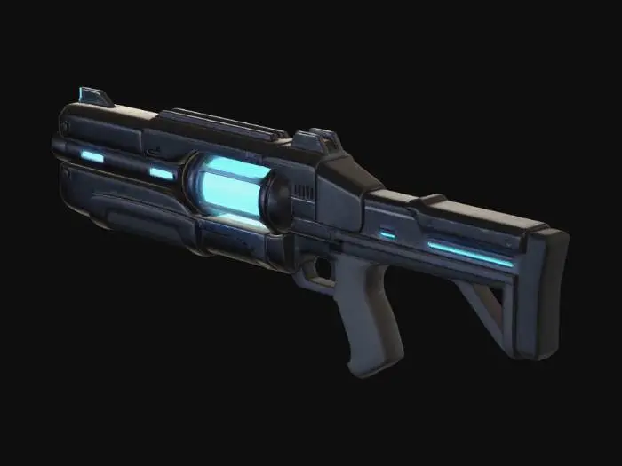 3D model for futuristic sci-fi plasma rifle, clean hard surface design, compact weapon, glowing energy core, minimalistic details, game ready, low poly, smooth edges, dark metal with neon blue emissive parts, high quality, centered object, no background
