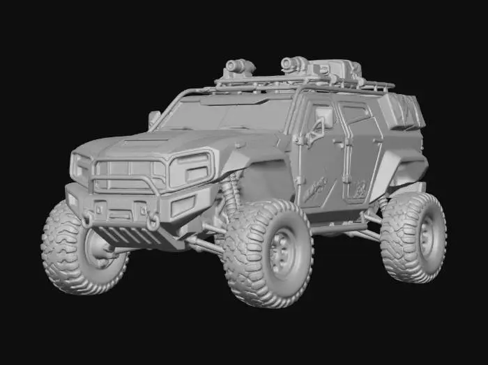 3D model for Highly detailed 3D model of a futuristic off-road vehicle, designed for a dystopian open-world shooter. 

Design: aggressive and rugged, inspired by military jeeps but with futuristic elements. Reinforced chassis, angular armor plating, elevated suspension, oversized all-terrain tires with deep treads, and visible shock absorbers. 

Style: sci-fi, realistic, cinematic, game-ready  
Materials: matte black metal, carbon fiber panels, worn steel, subtle rust, dust and mud splashes  
Details: LED light strips, holographic dashboard elements, armored windows, roof-mounted gear rack, optional mounted equipment (non-weaponized), reinforced bumpers  

Environment hint: post-apocalyptic or cyberpunk setting  

Technical specs:  
- PBR textures (albedo, roughness, metallic, normal)  
- optimized top