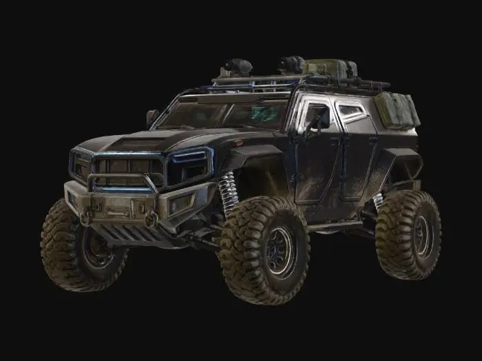 3D model for Highly detailed 3D model of a futuristic off-road vehicle, designed for a dystopian open-world shooter. 

Design: aggressive and rugged, inspired by military jeeps but with futuristic elements. Reinforced chassis, angular armor plating, elevated suspension, oversized all-terrain tires with deep treads, and visible shock absorbers. 

Style: sci-fi, realistic, cinematic, game-ready  
Materials: matte black metal, carbon fiber panels, worn steel, subtle rust, dust and mud splashes  
Details: LED light strips, holographic dashboard elements, armored windows, roof-mounted gear rack, optional mounted equipment (non-weaponized), reinforced bumpers  

Environment hint: post-apocalyptic or cyberpunk setting  

Technical specs:  
- PBR textures (albedo, roughness, metallic, normal)  
- optimized top