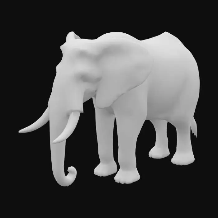 3D model for Create a high-resolution, photorealistic 3D model of an adult African elephant standing in a neutral pose. Focus on extremely detailed skin texture — including wrinkles, rough surfaces, and subtle color variation with natural grays and dusty brown tones. The model should include realistic tusks, ears, trunk, and eyes, with anatomically accurate proportions. Use 4K PBR texture maps (Base Color, Normal, Roughness, Specular, AO). Ensure clean, quad-based topology, full UV unwrapping, and optimized mesh suitable for cinematic rendering, wildlife VR, and next-gen games. Lighting should be natural to highlight skin displacement and material fidelity.