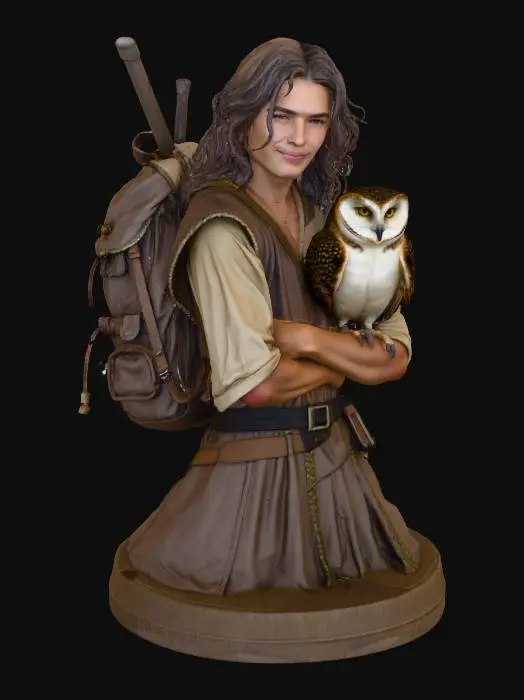 3D model for A FULL BODY SHOT OF A TEENAGE MAN,, LONG HAIR, IN MEDIEVAL PEASANT CLOTHING AND A MODERN BACKBACK. HE HAS A SLY GRIN. HE IS HOLDING A CROWBAR RESTING AGAINST HIS RIGHT SHOULDER. ON HIS LEFT SHOULDER IS A BARN OWL.