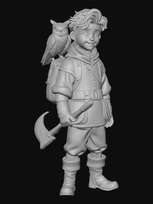 3D model for A FULL BODY SHOT OF A TEENAGE BOY,, HAIR TO HIS SHOULDERS, IN MEDIEVAL PEASANT CLOTHING AND A MODERN BACKBACK. HE HAS A SLY GRIN. HE IS HOLDING A CROWBAR RESTING AGAINST HIS RIGHT SHOULDER. ON HIS LEFT SHOULDER IS A BARN OWL.