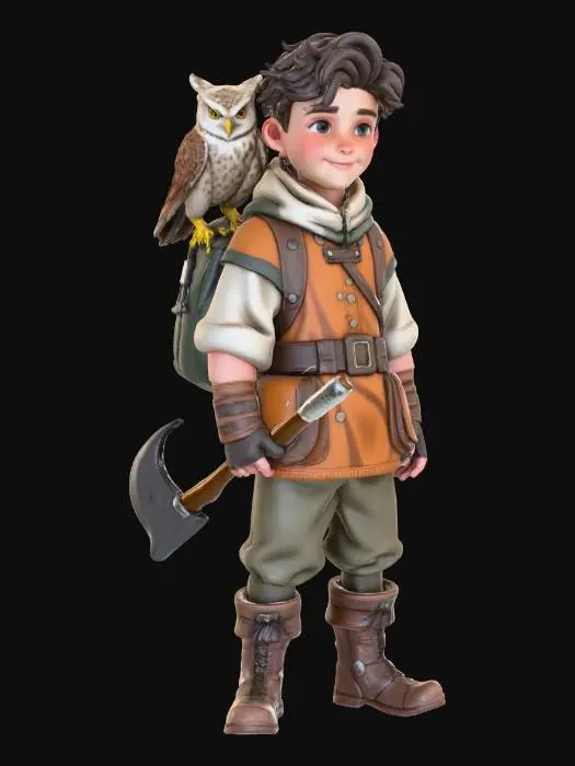 3D model for A FULL BODY SHOT OF A TEENAGE BOY,, HAIR TO HIS SHOULDERS, IN MEDIEVAL PEASANT CLOTHING AND A MODERN BACKBACK. HE HAS A SLY GRIN. HE IS HOLDING A CROWBAR RESTING AGAINST HIS RIGHT SHOULDER. ON HIS LEFT SHOULDER IS A BARN OWL.