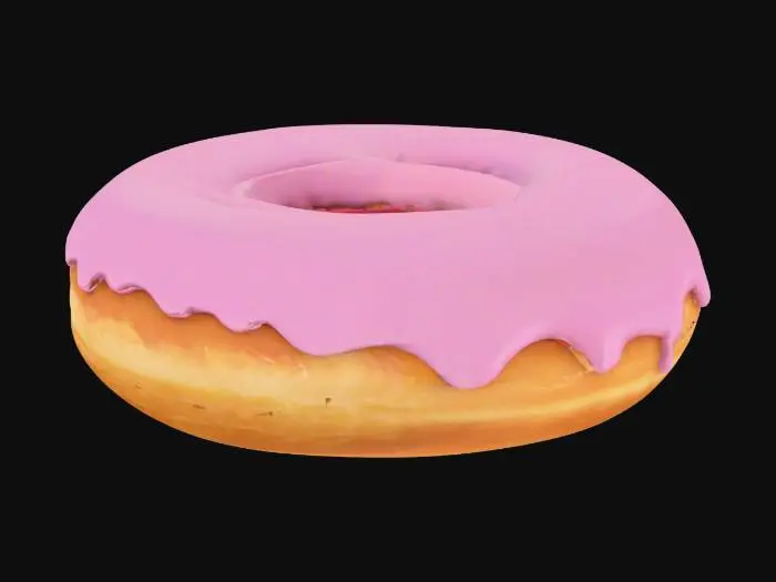 3D model for A low poly donut with a soft torus shape and flat colored icing layer. No sprinkles or dripping mesh. Simplified for casual mobile or PC game display.
