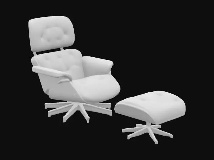 3D model for Eames-style lounge chair with molded walnut wood shell, white leather cushioning, three-section ergonomic backrest, black swivel metal base, paired with matching ottoman, mid-century modern luxury design