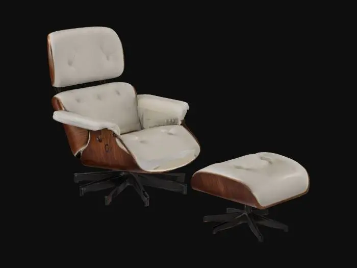 3D model for Eames-style lounge chair with molded walnut wood shell, white leather cushioning, three-section ergonomic backrest, black swivel metal base, paired with matching ottoman, mid-century modern luxury design