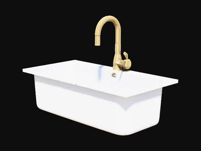 3D model for A white ceramic single-basin undermount kitchen sink with smooth glazed finish, integrated with a brushed brass U-shaped pull-down kitchen faucet mounted on the sink itself
