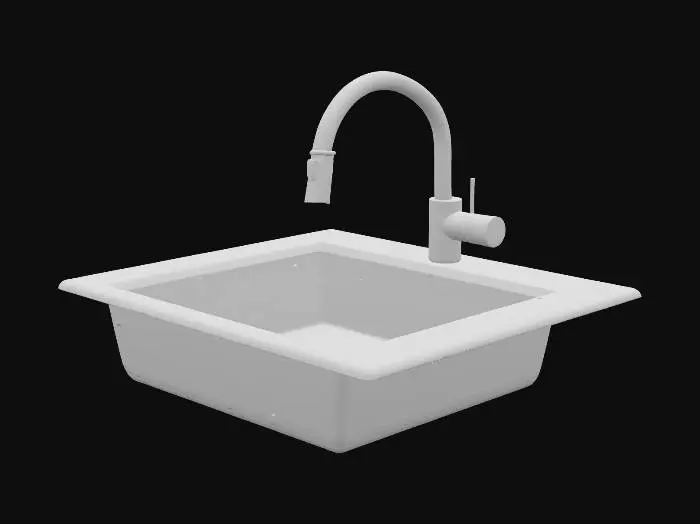 3D model for A single-basin undermount kitchen sink made of brushed stainless steel, seamlessly integrated with a high arc U-shaped pull-down faucet in matching brushed stainless finish
