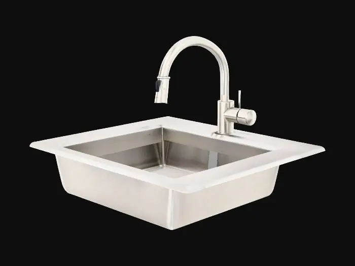 3D model for A single-basin undermount kitchen sink made of brushed stainless steel, seamlessly integrated with a high arc U-shaped pull-down faucet in matching brushed stainless finish

