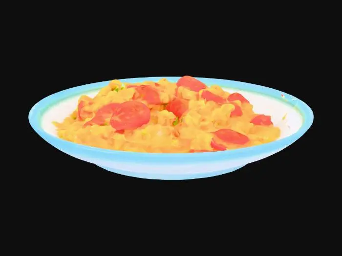 3D model for a plate of scrambled eggs with tomato, soft texture, bright yellow and red colors, glossy surface, classic home-style Chinese dish