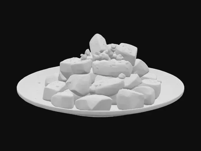 3D model for a plate of Chinese braised pork belly in soy sauce, caramelized glossy glaze, cut into cubes, served with thick savory sauce, realistic texture