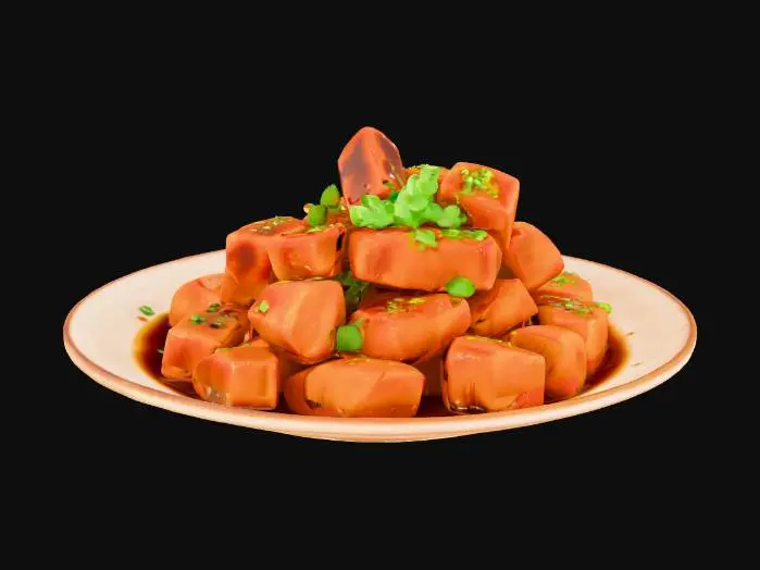 3D model for a plate of Chinese braised pork belly in soy sauce, caramelized glossy glaze, cut into cubes, served with thick savory sauce, realistic texture