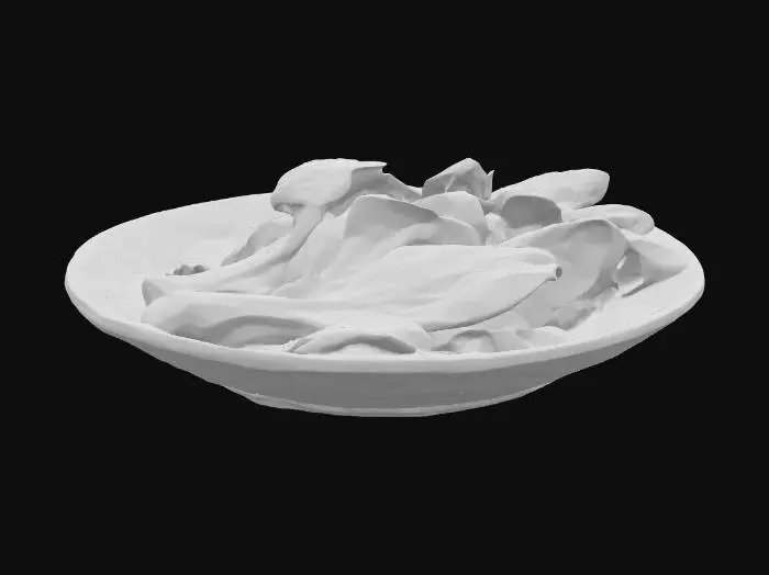 3D model for a plate of stir-fried baby bok choy, glistening with garlic oil, vibrant green, served on a white ceramic plate